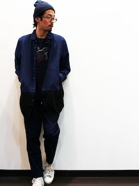 「melple（メイプル）のアイテム（パンツ）」を使った、nakajiさん（メンズ・168cm）の秋コーディネート