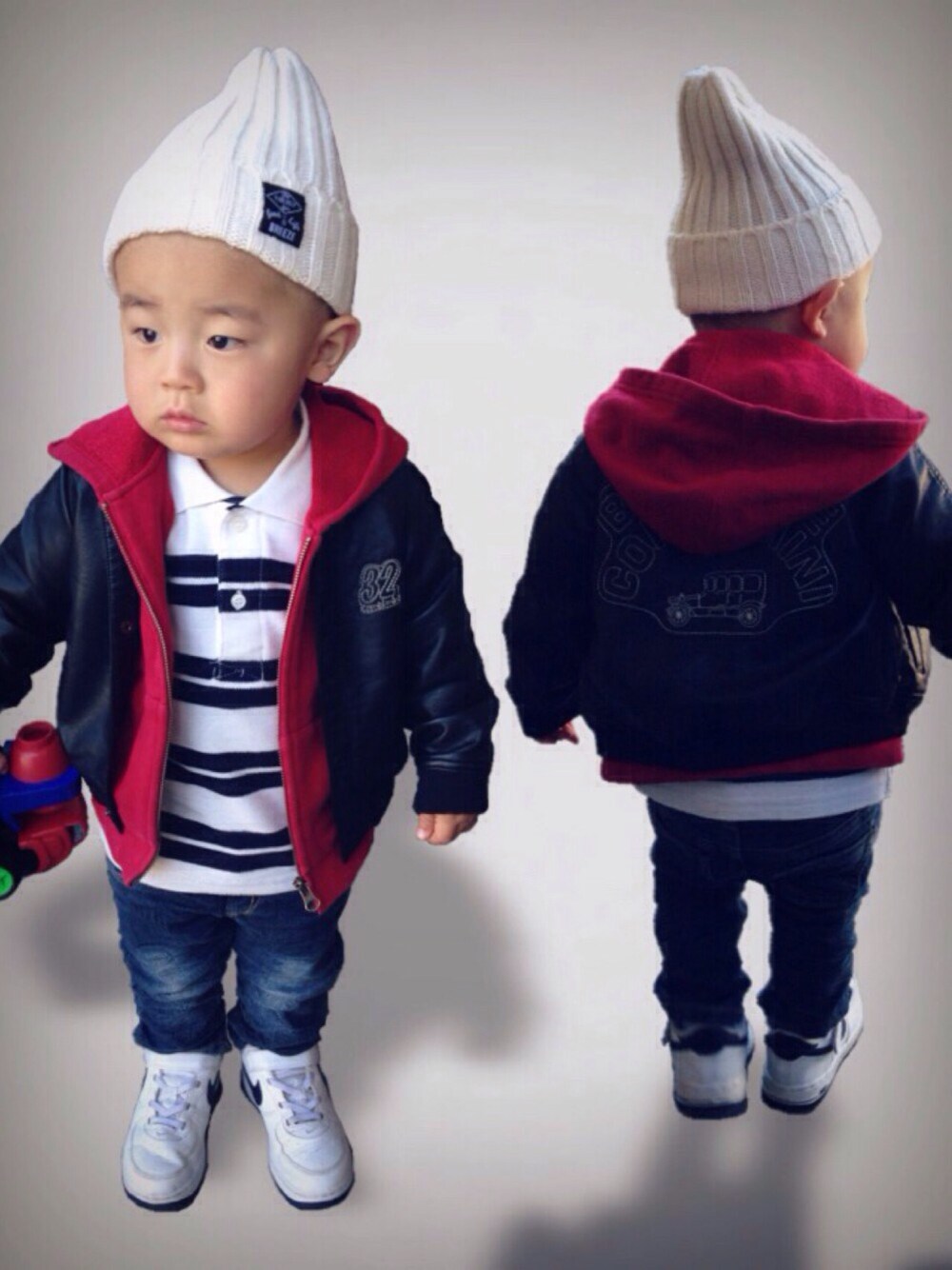 「ニット帽、ボーダーポロシャツ、ナイキ、赤、男の子、1歳」｜「abcdのアイテム（ニットキャップ/ビーニー、ホワイト系）」を使った、tyler♡さん（キッズ・90cm）の春コーディネートの1枚目の写真
