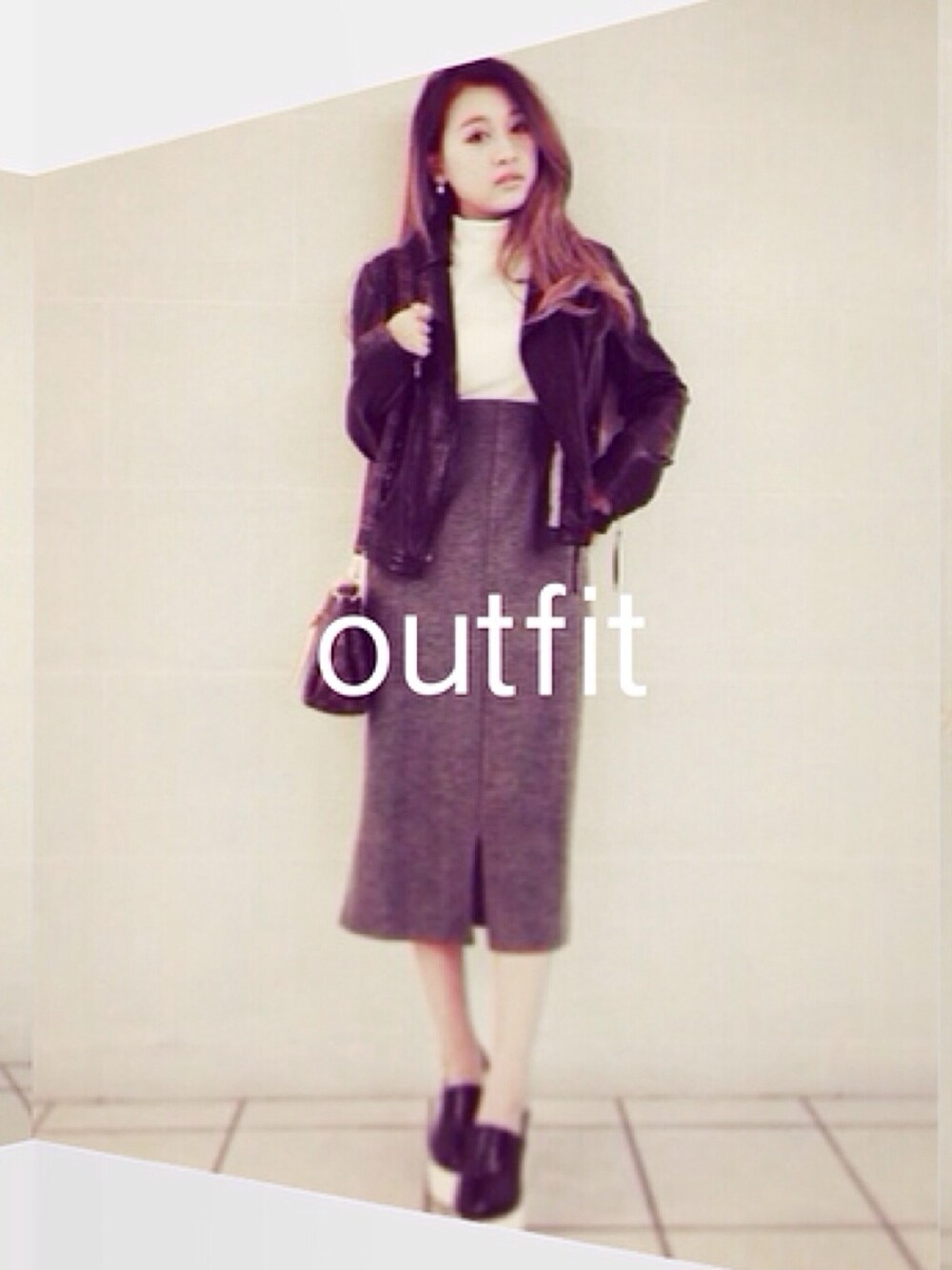 「ライダースジャケット、ライダース、ootd、outfit、ロングスカート、ヴィトンバッグ、コーディネート、COCO DEAL、monkeybite」｜「monkey biteのアイテム（ニット/セーター、ホワイト系）」を使った、Rieさん（レディース・160cm）の秋コーディネートの1枚目の写真