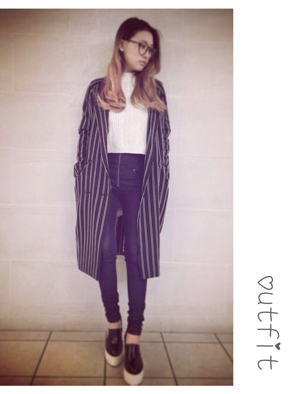 「murua、チェスターコート、ENVYM、EMODA、コート、コーディネート、ootd、outfit、2014AW」｜「MURUAのアイテム（チェスターコート、ブラック系）」を使った、Rieさん（レディース・160cm）の秋コーディネートの1枚目の写真