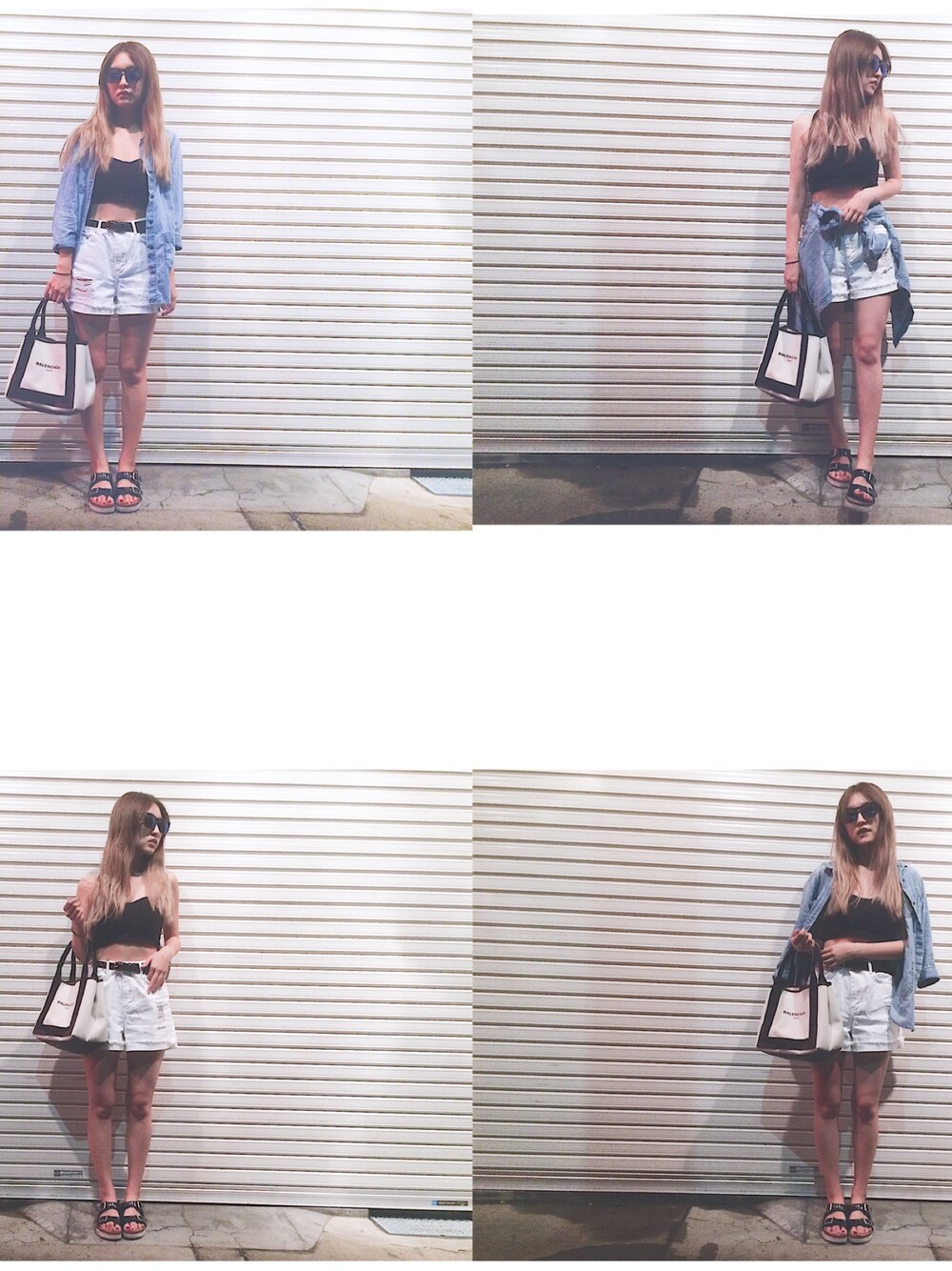 「デニムシャツ、ビスチェ、こしまきスタイル、白デニム、コーディネート、ootd、outfit、growze、サンダル、BALENCIAGA」｜「GROWZEのアイテム（その他トップス、ブラック系）」を使った、Rieさん（レディース・160cm）の夏コーディネートの1枚目の写真