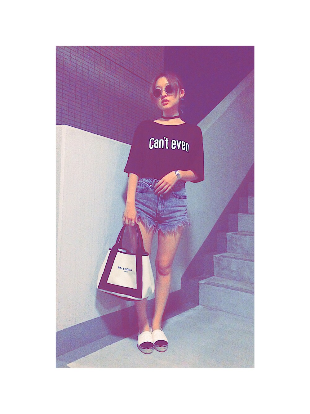 「Tシャツ、FIG&VIPER、デニム、ショーパン、花火大会、チョーカー、夏コーデ、夏休み、ootd、outfit」｜「FIG&VIPERのcan't evet T（Tシャツ/カットソー、ブラック系）」を使った、Rieさん（レディース・160cm）の夏コーディネートの1枚目の写真