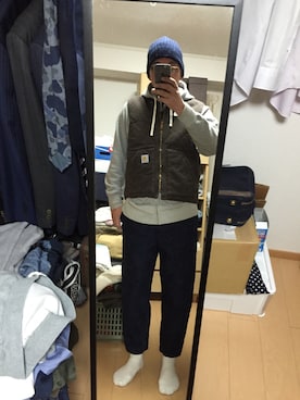 「アイテム（ダウンベスト、ブラウン系）」を使った、massanさん（メンズ・188cm）の春コーディネート