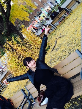 「大阪」｜「アイテム（ライダースジャケット）」を使った、tocoさん（レディース・164cm）の冬コーディネート