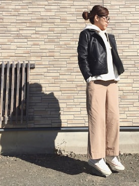 「ZARA KIDS」｜「アイテム（ライダースジャケット）」を使った、コロさん（レディース・155cm）の秋コーディネート