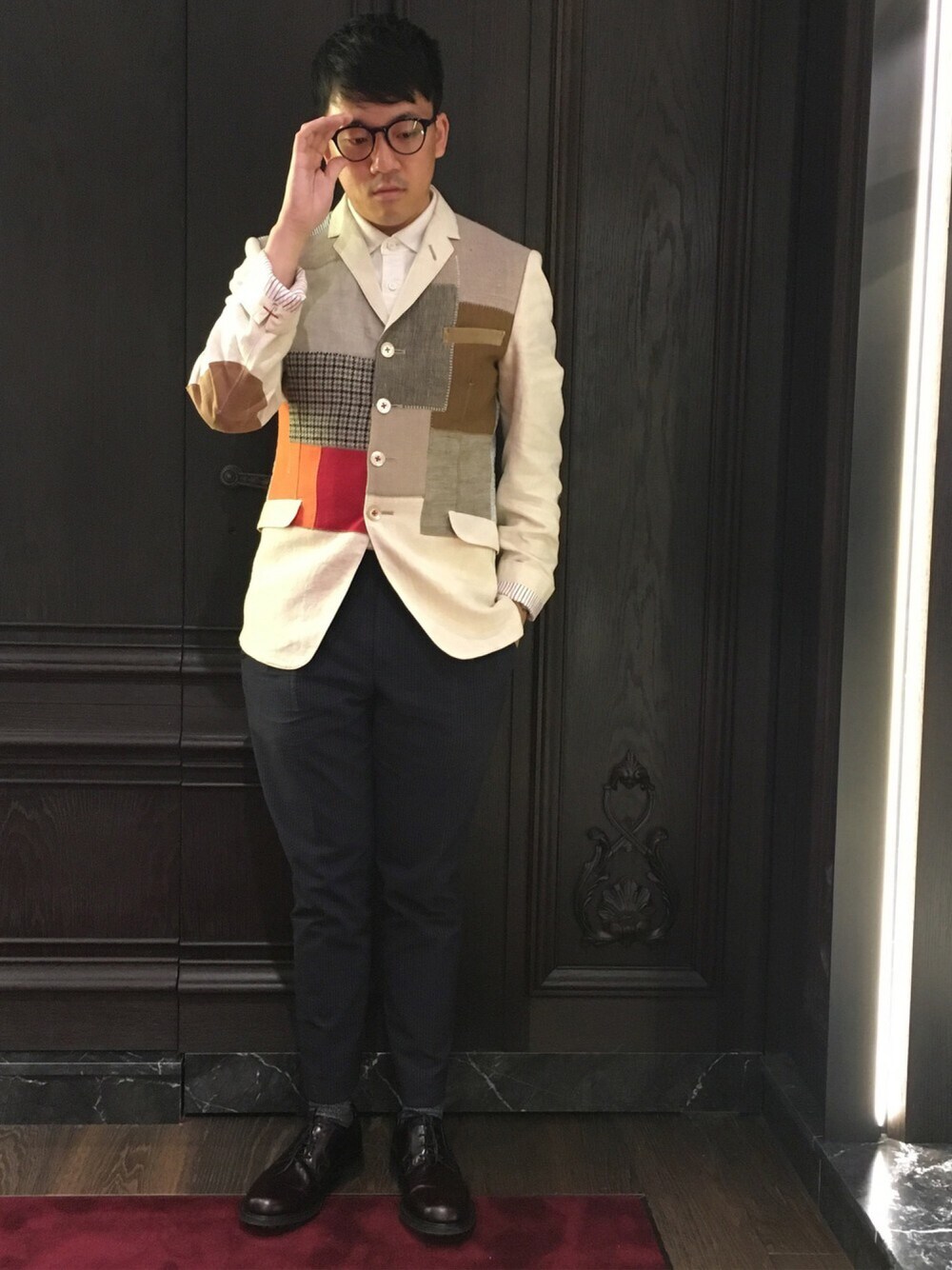 「休日スタイル、patchwork 、JUNYA WATANABE MAN、San Francisco、ootd、lookbook、outfit、outfitoftheday」｜「glassenseのアイテム（メガネ、ブルー系）」を使った、ハヤシさん（メンズ・170cm）の夏コーディネートの1枚目の写真