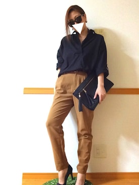 「AZUL by moussy（アズールバイマウジー）のコットン長袖T/Bスキッパーシャツ（シャツ/ブラウス、ブラック系）」を使った、mii( ´ ▽ ` )さん（レディース・158cm）の秋コーディネート