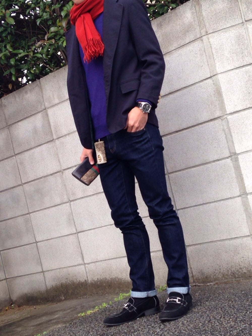 「TOMMY HILFIGERのアイテム（テーラードジャケット、パープル系）」を使った、Takuto  Kobayashiさん（メンズ・165cm）の秋コーディネートの1枚目の写真