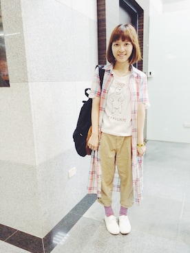 「アイテム（シャツワンピース、レッド系）」を使った、haruさん（レディース・158cm）の夏コーディネート