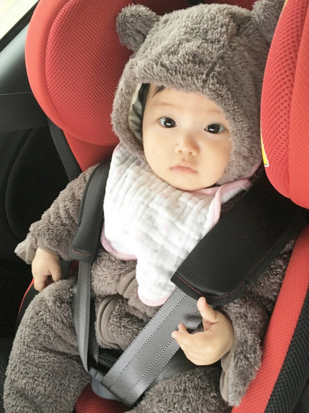「おんなのこ、プチプラ、H&M、70cm、80cm、くまさん、くま耳」｜「ガォーのアイテム（ジャケット/アウター、グレー系）」を使った、りこまるさん（キッズ・60cm）の秋コーディネートの1枚目の写真