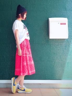 「RETRO GIRL（レトロガール）のアイテム（ニットキャップ/ビーニー）」を使った、あむさん（レディース・166cm）の夏コーディネート