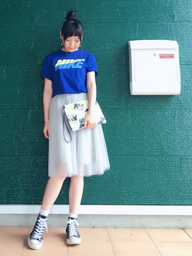 「NIKE（ナイキ）のアイテム（T Shirts、ブルー系）」を使った、あむさん（レディース・166cm）の夏コーディネート