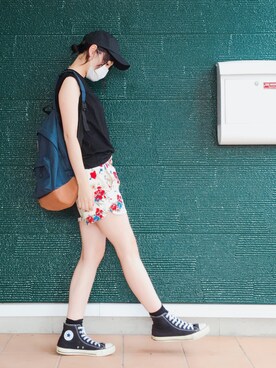 「Avail（アベイル）のアイテム（Cap、ブラック系）」を使った、あむさん（レディース・166cm）の夏コーディネート