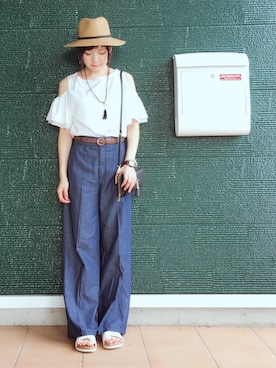 「GU（ジーユー）のアイテム（Denim pants、ブルー系）」を使った、あむさん（レディース・166cm）の夏コーディネート