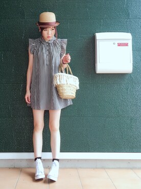 「Avail（アベイル）のアイテム（Hat、ベージュ系）」を使った、あむさん（レディース・166cm）の夏コーディネート
