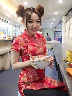 「楽天のアイテム（Dress、レッド系）」を使った、あむさん（レディース・166cm）の秋コーディネート
