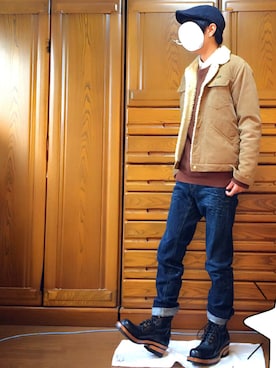「ワークブーツ」｜「アイテム（ブルゾン）」を使った、tebaさん（メンズ・166cm）の冬コーディネート