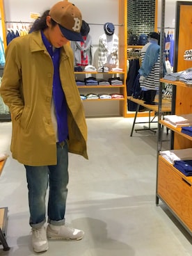 「SEVENDAYS=SUNDAY（セブンデイズサンデイ）のアイテム（ステンカラーコート）」を使った、伊宝田優真さん（メンズ・175cm）の冬コーディネート