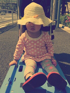 「しまむら（シマムラ）のアイテム（ワンピース、ピンク系）」を使った、naohonoさん（レディース・80cm）の春コーディネート