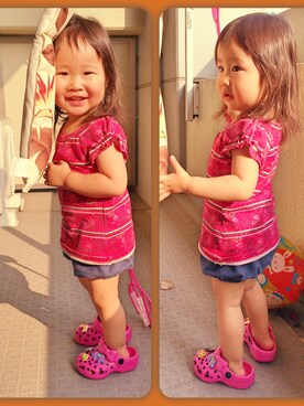 「YELLOWFACE（イエローフェイス）のアイテム（Tシャツ/カットソー、レッド系）」を使った、naohonoさん（レディース・80cm）の夏コーディネート