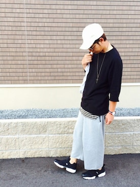 「白キャップ」｜「アイテム（スウェット）」を使った、mirokiさん（メンズ・175cm）の夏コーディネート