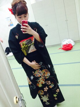 「着物（浴衣、ブラック系）」を使った、レイナさん（レディース・163cm）の春コーディネート