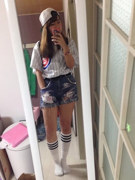 「ベースボールシャツ」｜「アイテム（その他アウター）」を使った、レイナさん（レディース・163cm）の夏コーディネート