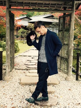 「古着のアイテム（カーディガン/ボレロ、グレー系）」を使った、takahiroさん（メンズ・170cm）の秋コーディネート