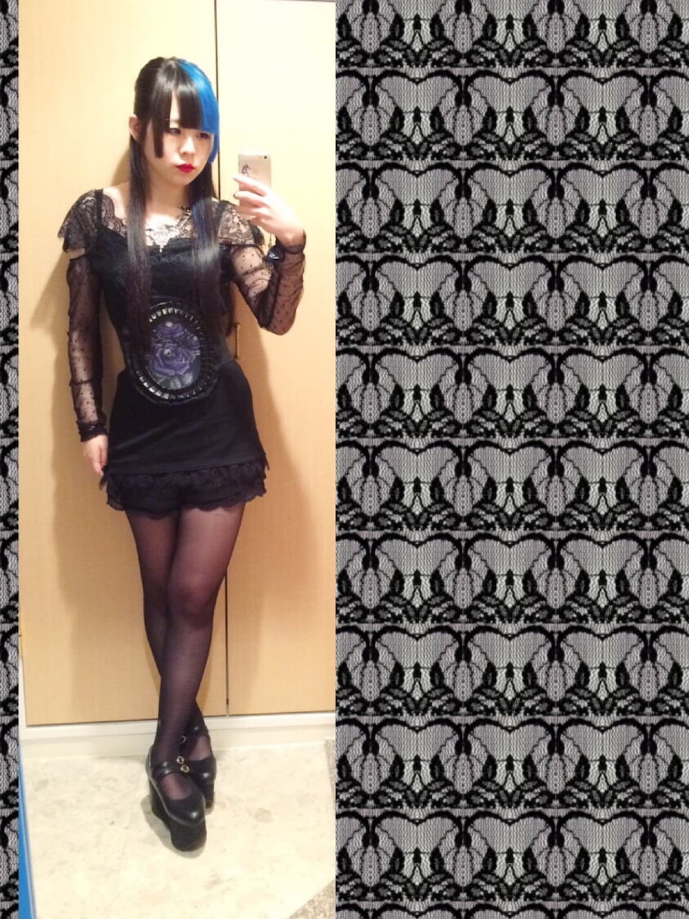 「ゴシック、青髪、姫カット、ハーフアップ、赤リップ、20デニールタイツ、厚底シューズ、シースルー」｜「ぬーでんるーどのアイテム（Tシャツ/カットソー、ブラック系）」を使った、こはるっぐるさん（レディース・154cm）の春コーディネートの1枚目の写真