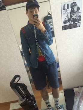 「INTERBREED（インターブリード）のアイテム（帽子、ブルー系）」を使った、naokiさん（メンズ・180cm）の夏コーディネート