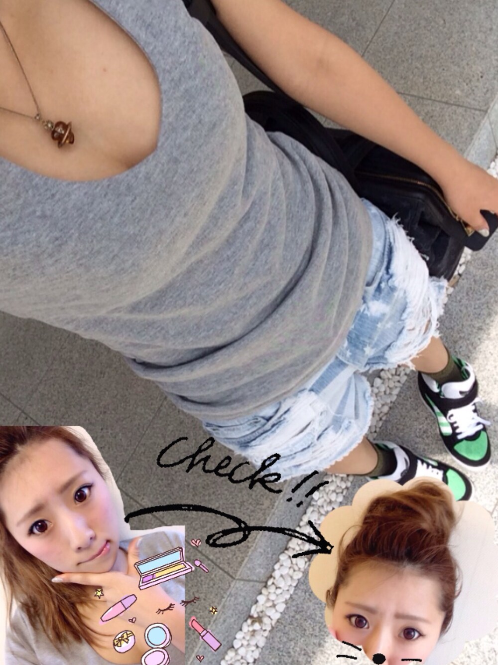 「Tシャツ、ハイカットスニーカー、デニムショートパンツ、ダメージデニムパンツ、おだんごヘアー」｜「dazzlinのadidas dazzlin コラボシューズ（スニーカー、グリーン系）」を使った、みーやきゃっとさん（レディース・157cm）の春コーディネートの1枚目の写真