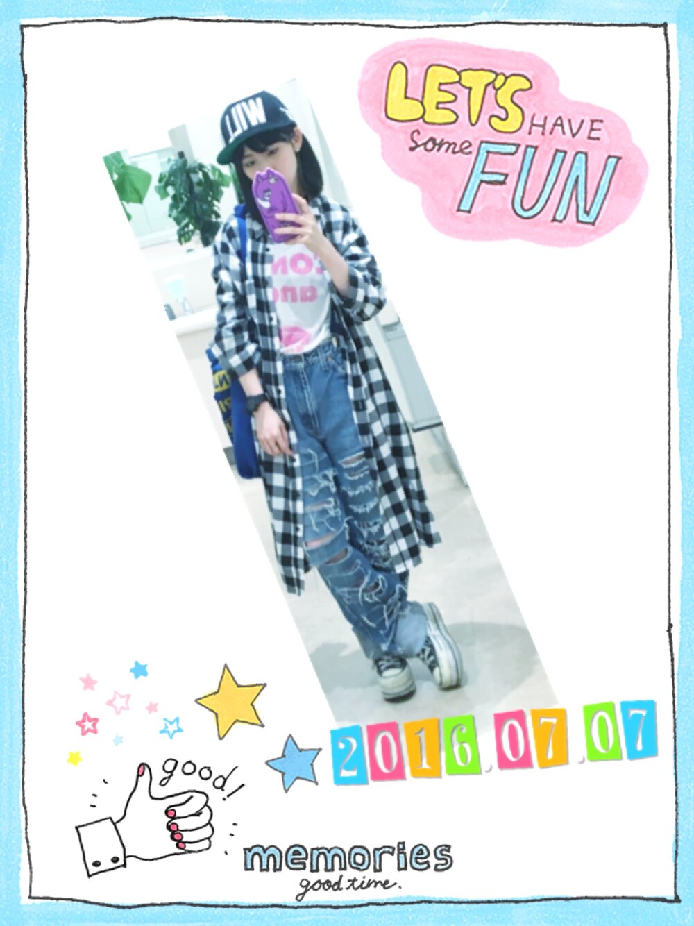 「ダメージデニムパンツ、クラッシュデニム、GU、厚底スニーカー、BUMP OF CHICKEN」｜「Panamaboyのアイテム（デニムパンツ、ブルー系）」を使った、✞Muu✞さん（レディース・148cm）の夏コーディネートの1枚目の写真