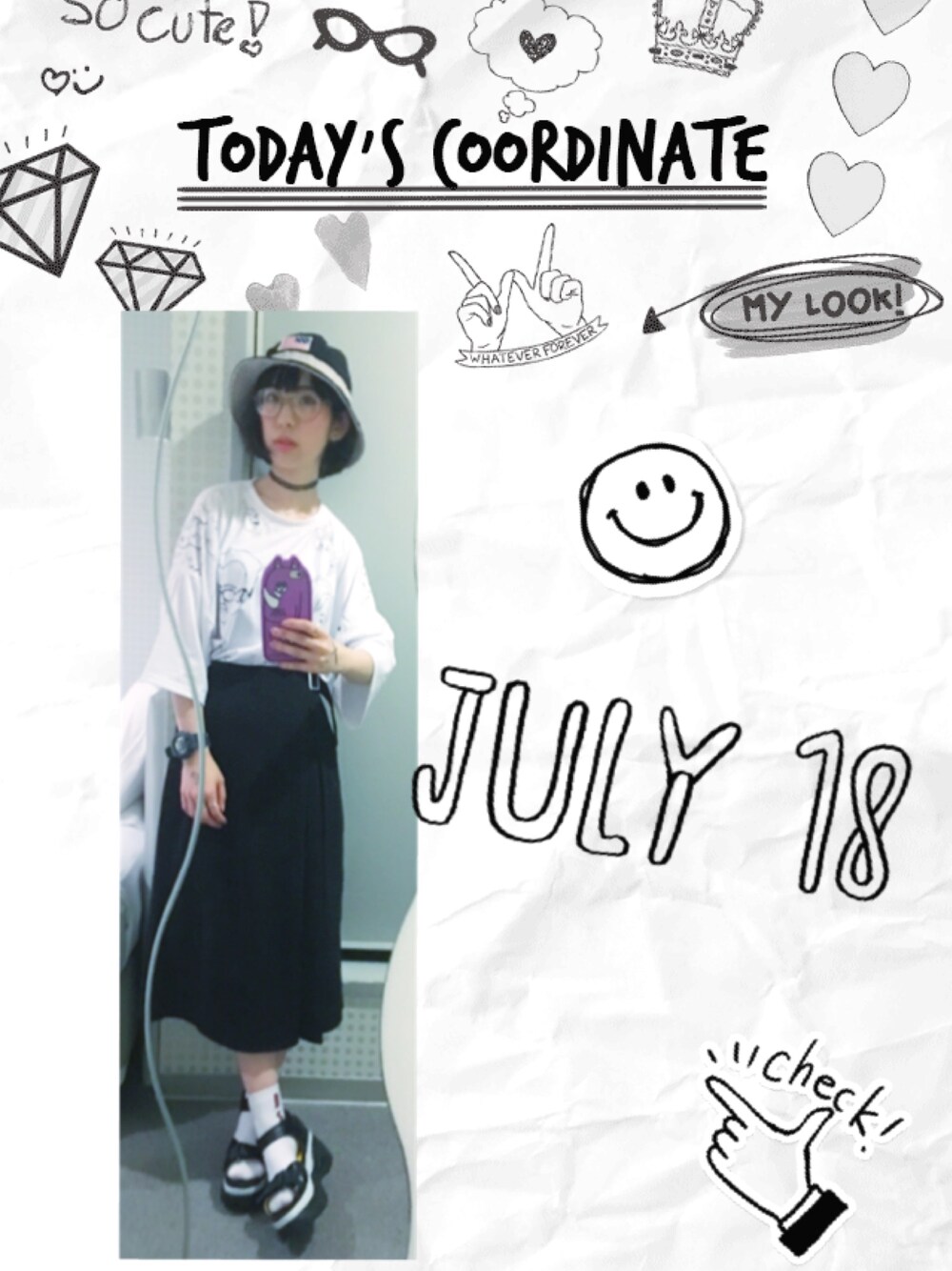 「GU、めがね、バケットハット、サンダル」｜「GUのアイテム（スカート、ブラック系）」を使った、✞Muu✞さん（レディース・148cm）の夏コーディネートの1枚目の写真