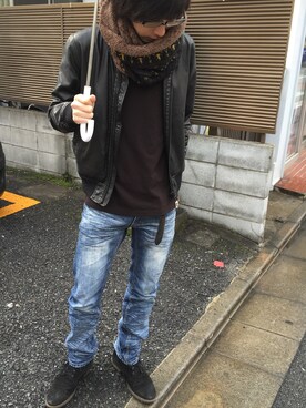 「雨の日」｜「アイテム（ライダースジャケット）」を使った、KENTOさん（メンズ・175cm）の冬コーディネート