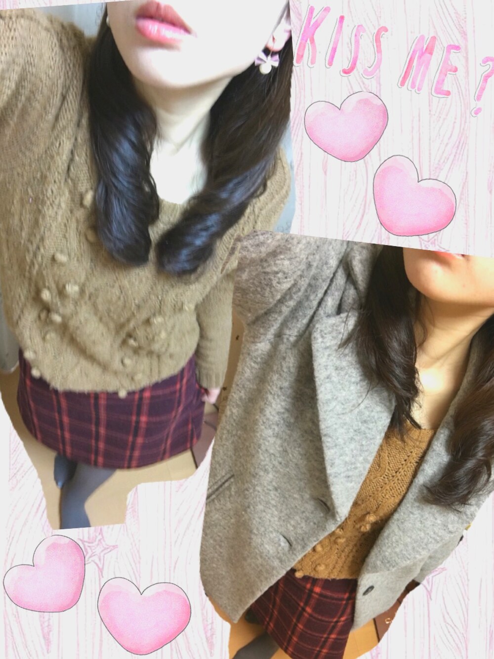 ブラウン系のニット/セーター、レッド系のスカート、グレー系のチェスターコートを着用したレディースの冬コーディネートの1枚目の写真