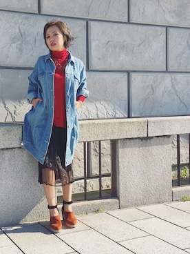 「OSMOSIS（オズモーシス）のビッグデニムジャケット（デニムジャケット）」を使った、FUMIKAさん（レディース・146cm）の秋コーディネート