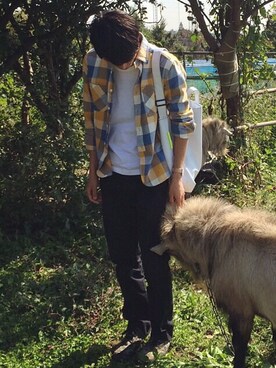 「古着のアイテム（シャツ/ブラウス、イエロー系）」を使った、Kyoさん（メンズ・178cm）の秋コーディネート