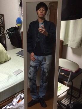 「古着のアイテム（ミリタリージャケット、ブルー系）」を使った、Kyoさん（メンズ・178cm）の秋コーディネート