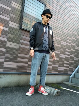 「プルオーバーパーカー」｜「アイテム（スタジャン）」を使った、KaZuTeRuさん（メンズ・181cm）の冬コーディネート