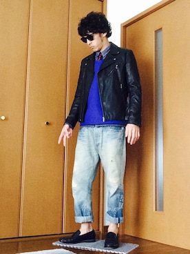「ライタースジャケット」｜「アイテム（モカシン/デッキシューズ）」を使った、KaZuTeRuさん（メンズ・181cm）の春コーディネート