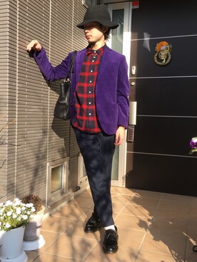 「赤チェック」｜「アイテム（その他シューズ）」を使った、ぼーりーさん（メンズ・178cm）の冬コーディネート