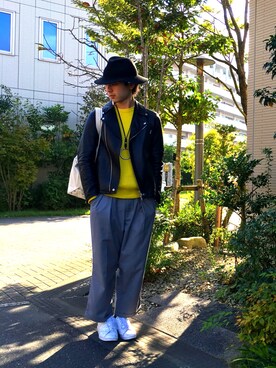 「HARE（ハレ）の２タックワイドパンツ(HARE)（その他パンツ）」を使った、ぼーりーさん（メンズ・178cm）の秋コーディネート