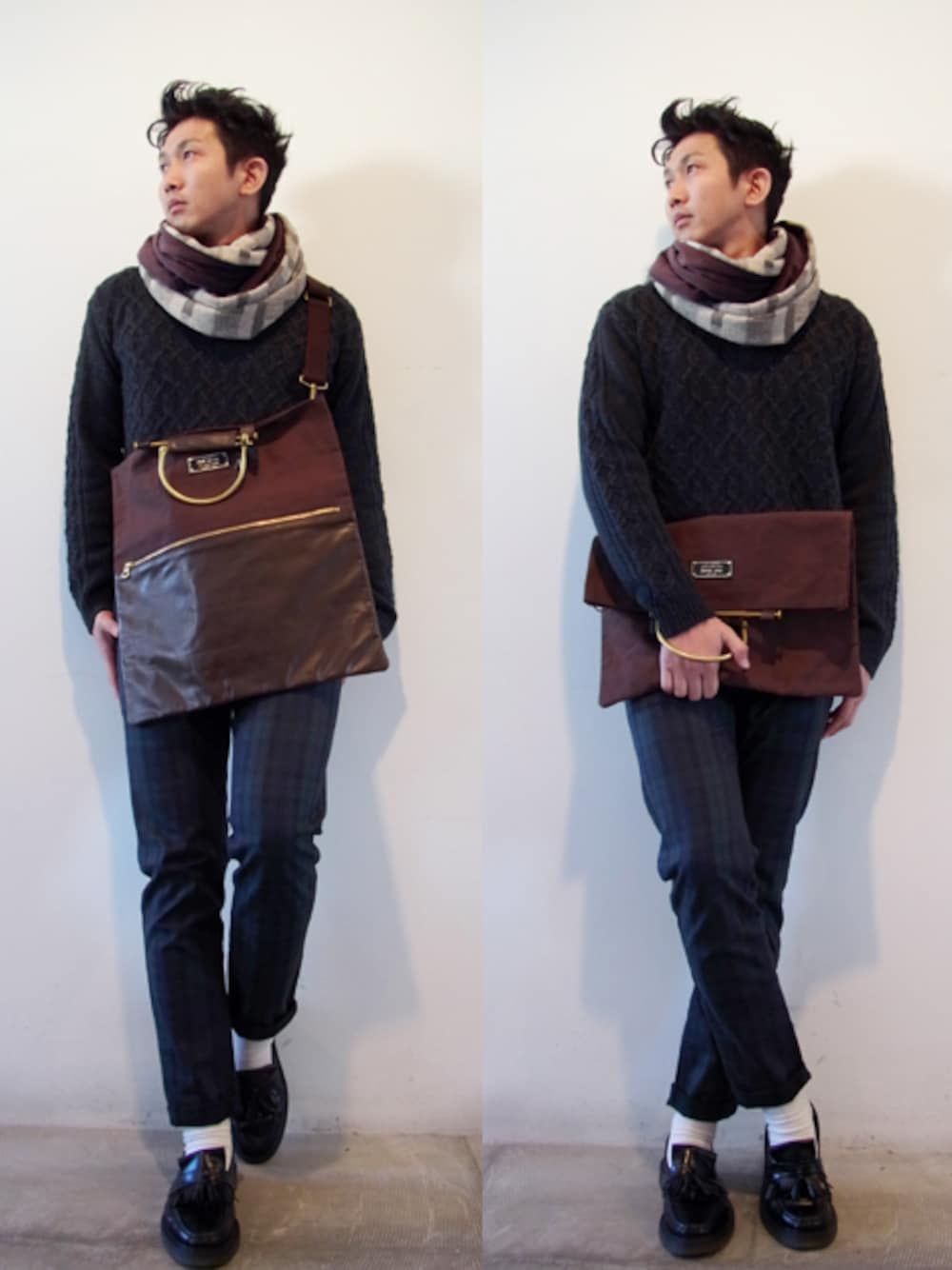 「スヌード、 ニット、 クラッチバッグ」｜「Rock Steady SOUL REBELS WORKSのROCK STEADY ロックステディー RSW×PORTER L&C SHOULDER&CLUTCH（ショルダーバッグ、その他）」を使った、nobuさん（メンズ・178cm）の冬コーディネートの1枚目の写真