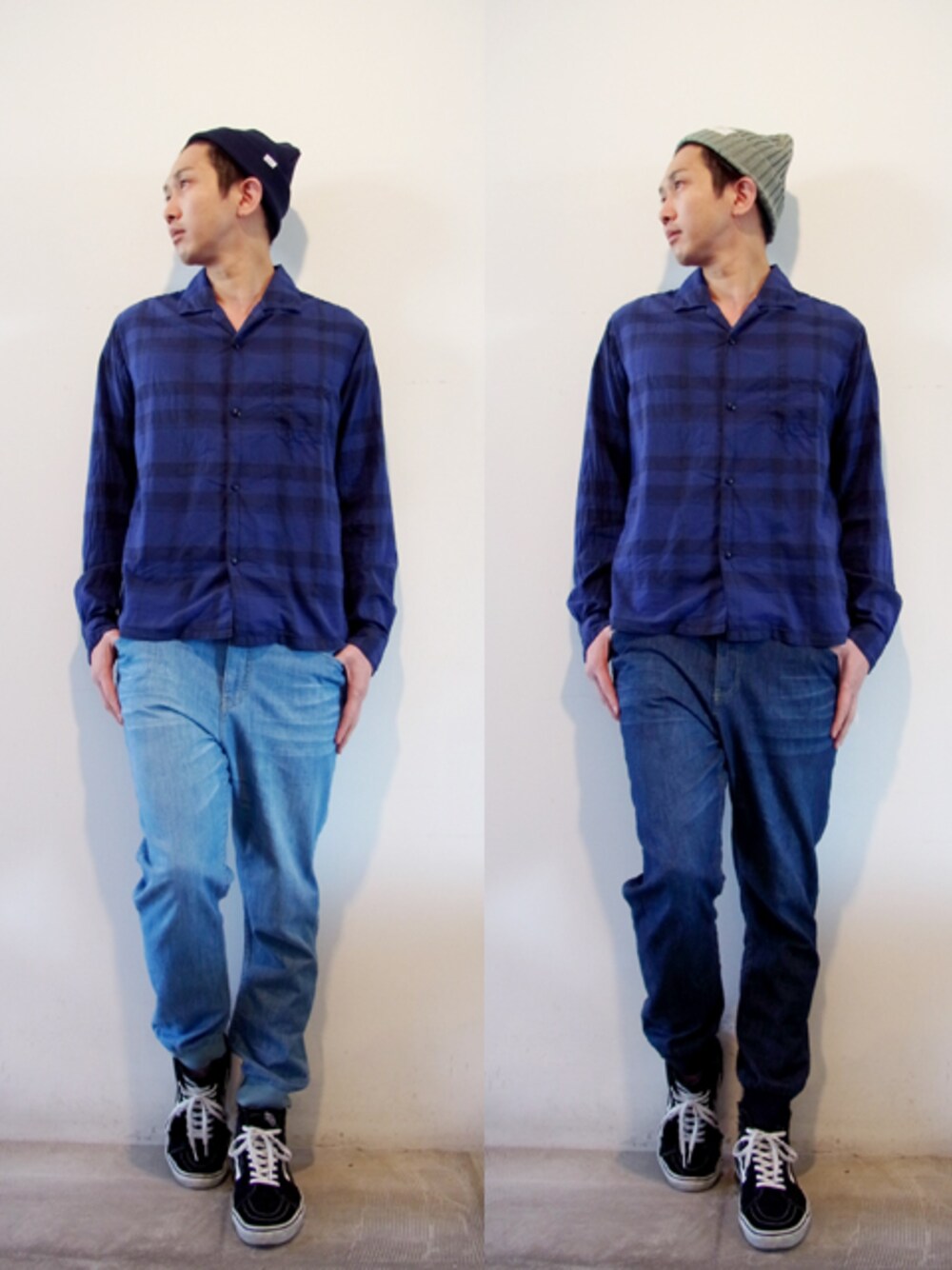 ブルー系のトップス、ブルー系のデニムパンツ、ブルー系のパンツを着用したメンズの春コーディネートの1枚目の写真