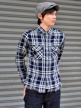 「STUDIO D’ARTISAN（ステュディオダルチザン）のアイテム（シャツ/ブラウス、ブルー系）」を使った、まつもとだいきさん（メンズ）の秋コーディネート