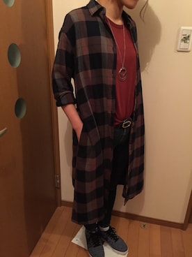 「フランネルシャツ」｜「アイテム（ワンピース/ドレス）」を使った、むっちゃんさん（レディース・168cm）の秋コーディネート