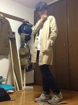 「MANUAL ALPHABET（マニュアル アルファベット）のアイテム（ステンカラーコート）」を使った、脱力系男子さん（メンズ・169cm）の夏コーディネート