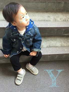 「動物モチーフ」｜「アイテム（デニムジャケット）」を使った、꒰Yuuuu☻꒱さん（キッズ・80cm）の春コーディネート