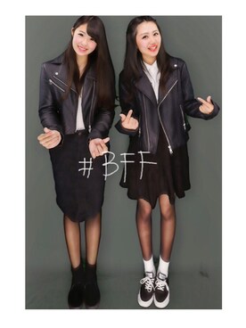 「双子コーデ」｜「アイテム（ライダースジャケット）」を使った、万 梨 亜さん（レディース・160cm）の冬コーディネート
