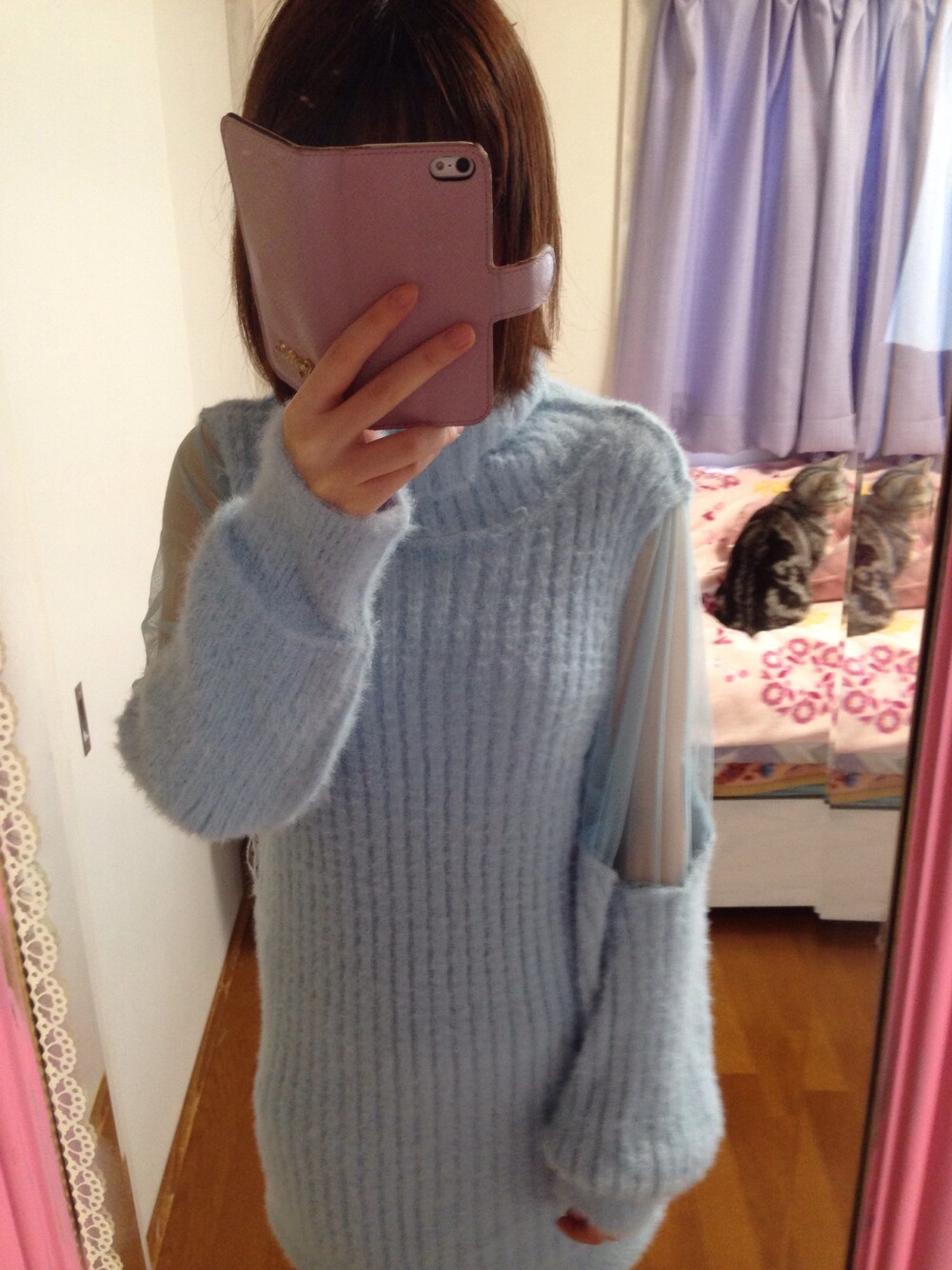 「SNIDELのアイテム（ニット/セーター、ブルー系）」を使った、めぽちフィールドさん（レディース・151cm）の冬コーディネートの1枚目の写真